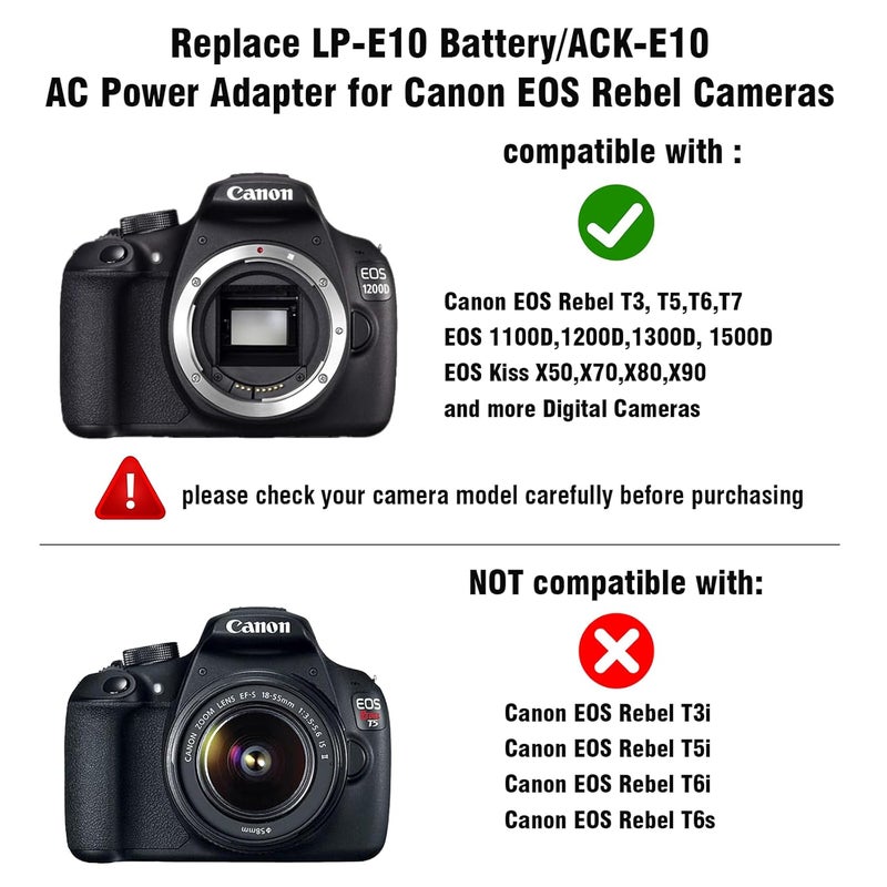 F1TP ACK-E10 LP-E10 EOS Rebel T7 Dummy Battery DR-E10 DC Coupler Kit with USB-C Cable for Canon EOS T7 T6 T5 T3, Kiss X50 X70 X80 X90, EOS 1100D 1200D 1300D 1500D 2000D Digital Camera (LP-E10) - Image 5